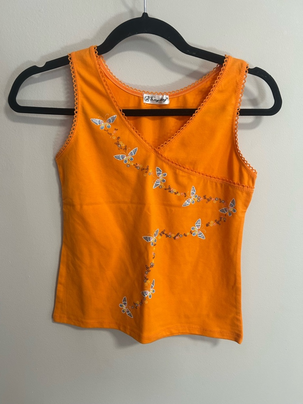 Orange Butterfly Embroidered Sleeveless Top